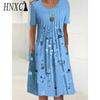 HNXC 30 Color Pleated Midi Dress Short Sleeve Round Neck Loose Hem Mid-Calf Length Women Floral A-Line Party Dress Casual Wear