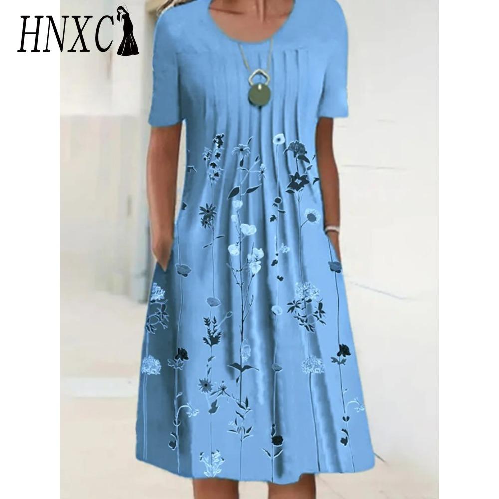 HNXC 30 Color Pleated Midi Dress Short Sleeve Round Neck Loose Hem Mid-Calf Length Women Floral A-Line Party Dress Casual Wear