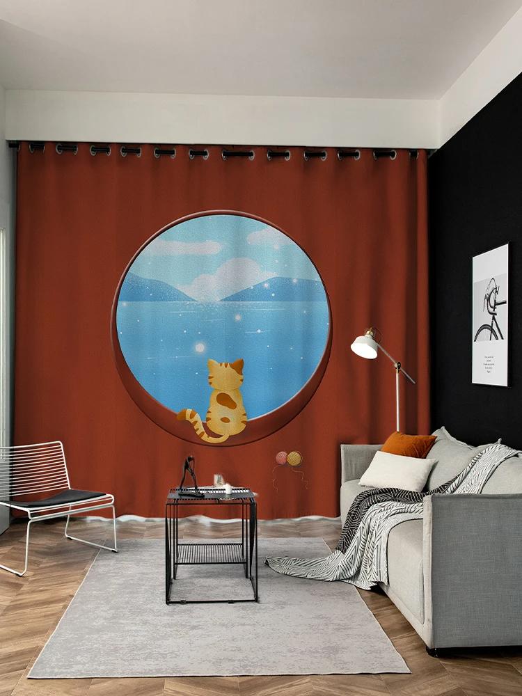 Cartoon Adorable Cat Print Pattern High Shading Drape Children's Bedroom Space Window Opening Drape Hook Top Ring New A Variety of Styles 2 Panels4