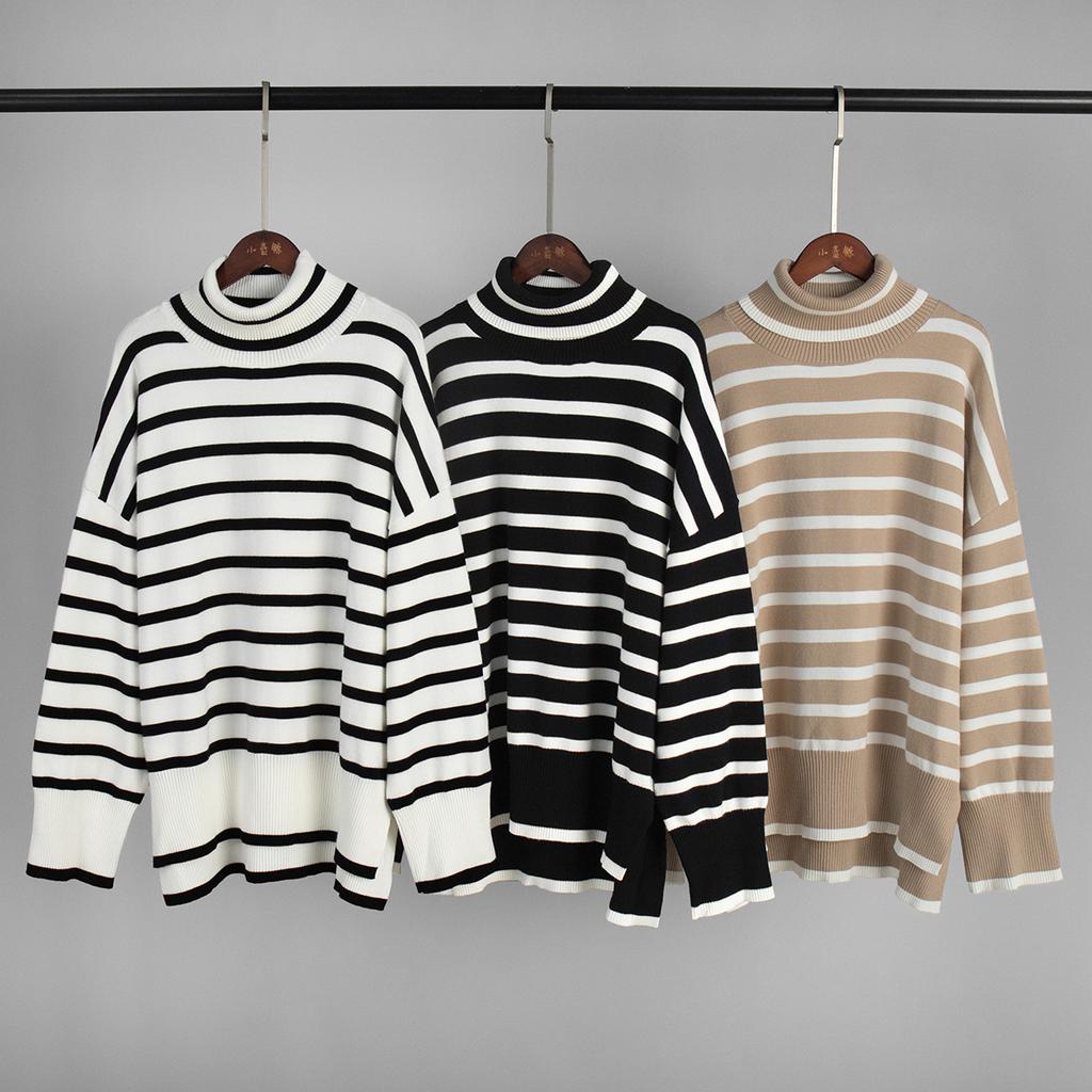 High Neck Striped Jumper for Women Autumn Winter High Neck Pullover Knitwear Versatile Loose Fit Jumper Luxurious Relaxed-fit Slimming Versatile Top