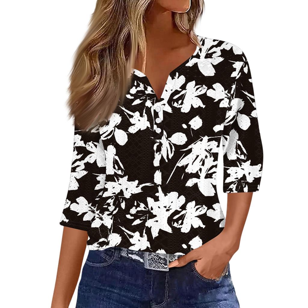 Women's T Shirt Tee Print Button  3/4 SleeveDaily Weekend Fashion Basic V- Neck Regular Top