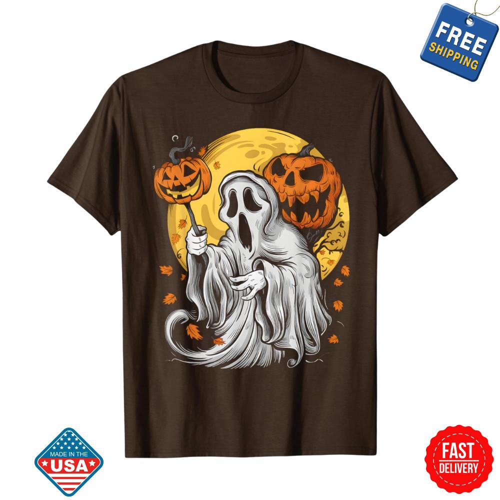 Pumpkin Ghost Autumn Leaves Graphic Scary Unisex T-Shirt, Inspired Halloween Tee Unisex T-Shirt XXXXL