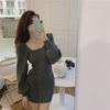 Women's Square Collar Sweater Dress - 2023 Autumn/Winter, Waist-Defining Hot Girl Style with Lantern Sleeves, Short Skirt.