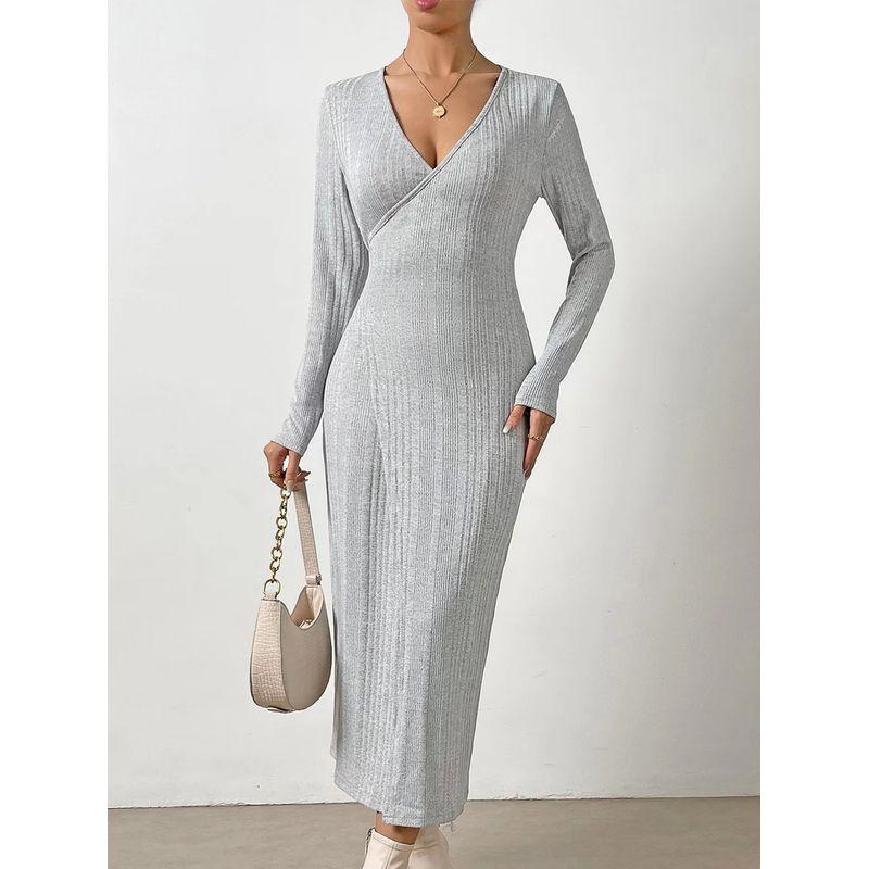 

Fashion Wind Knitting Lace-up Long Sleeve Bodycon Dress Elegant Graceful V Neck Dress Lace up Knit Dress Gray M