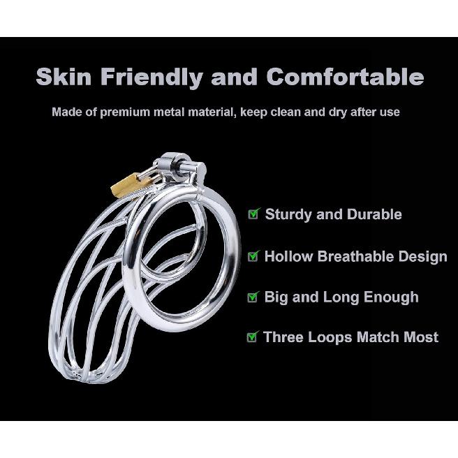 Male Chastity Device Cock Cage Belt 3 Ring of Various Sizes,Advanced Metal Silver Lock Cage Adult Sex Toy,Including Locks and 3 Key