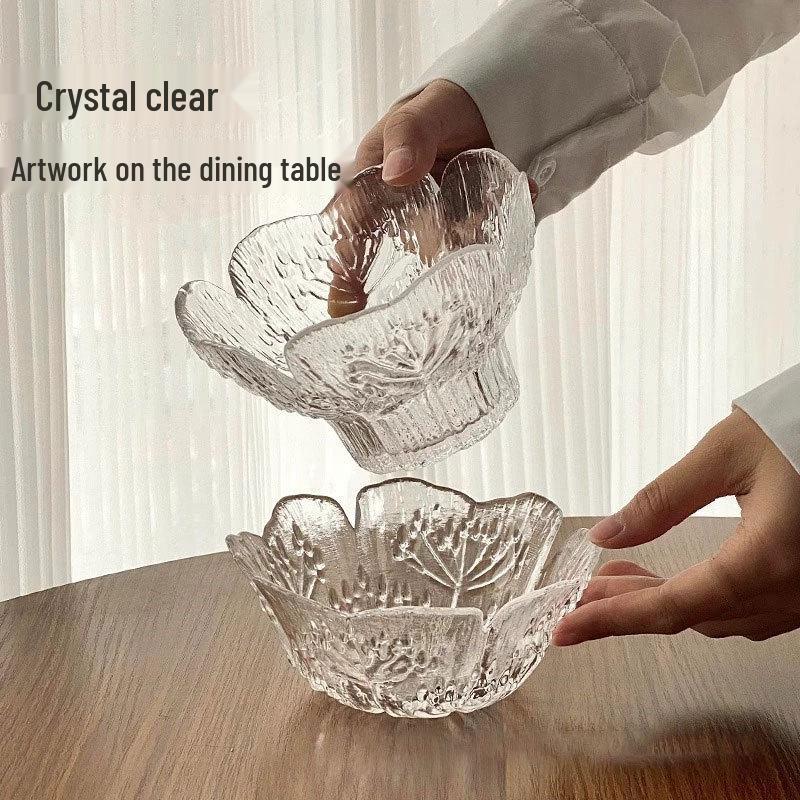 Szklana Miska na Owoce z Wytłaczanymi Płatkami - Elegancka Japońska Zastawa Stołowa na Desery i Sałatki