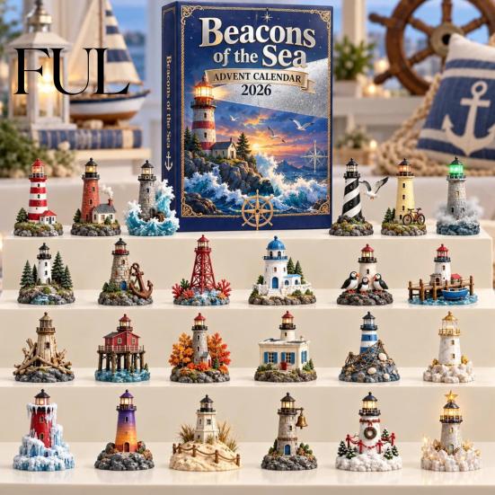 Creative Desktop Accessory Acrylic Ocean Lighthouse Advent Calendar, 24 Day Countdown Box with Daily Unboxing Experience Nautical Retro Scenes