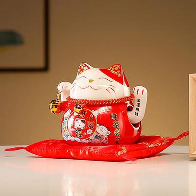 Ceramic Beckoning Lucky Cat, Battery Powered, Fortune Cat, Waving Arm, Maneki Neko Gift Box, Home Decoration, Centerpiece, 4.5"