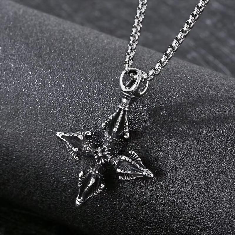 Hip Hop Stainless Steel Crown Cross Pendant Necklace Men's Women's Gothic Demon Subduing Pestle 60cm Necklace Gold Color Jewelry