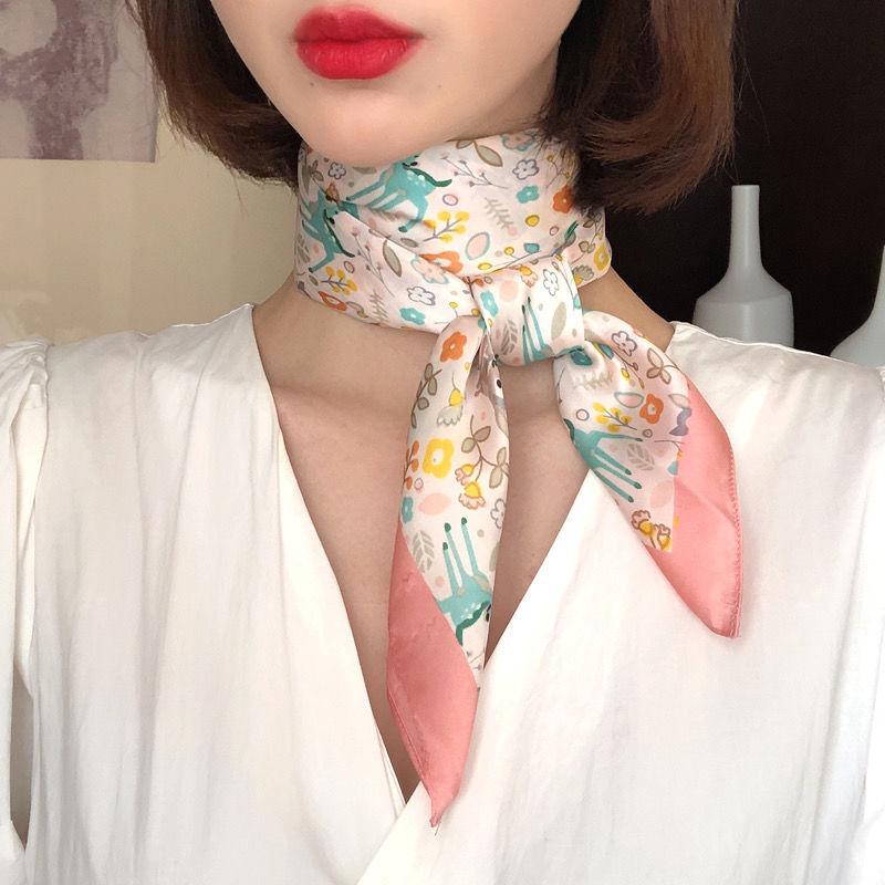 Women's Korean Small Square Silk Scarf: Spring/Autumn Career Decor Necktie All-match Scarf Lightweight Summer Neck Wrap with Sun Protection