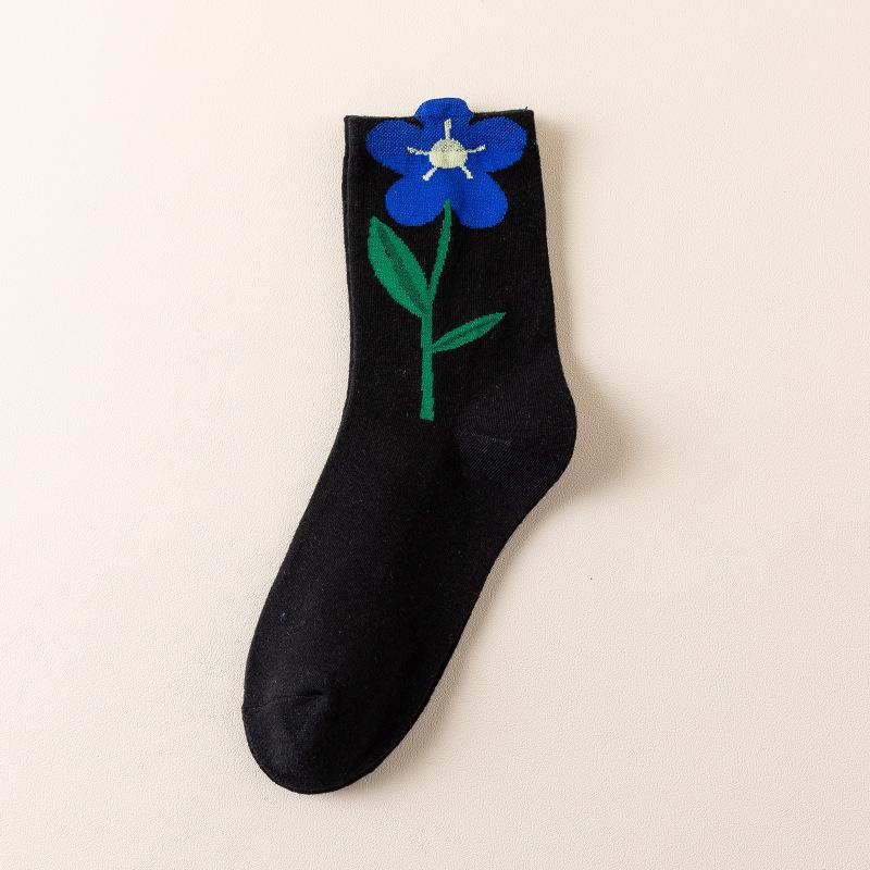 

Женские осенне-зимние носки до середины икры с тюльпанами, модный женский стиль, с цветами, женские носки до середины икры, хлопковые, черно-белые, длинные носки 1 pair