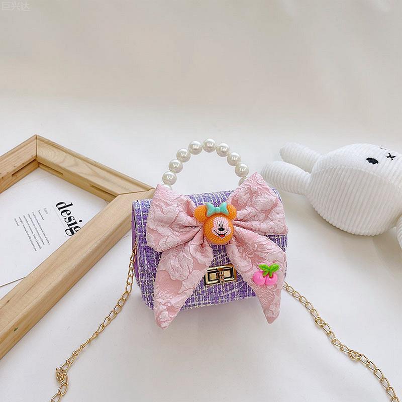

Fashionable Mini Children s Cotton And Linen Bag With Cute Rabbit And Pearl Accessories Mouse Purple
