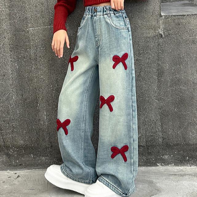 Bestickte Mädchenjeans Frühling und Herbst Kinderhosen Mädchen Straight Leg Hosen Mädchen Wide Leg Hosen