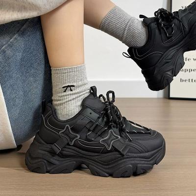 Women's Sneakers, Black Hong Kong Style Design, Trendy Casual Sports and Comfortable 2025 Autumn Breathable Soft-soled Dad Shoes