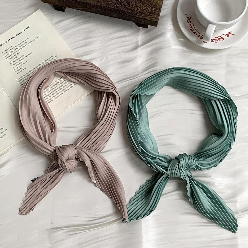 Crumpled rhombus silk scarf high-end new solid color versatile silk scarf neck small scarf streamer scarf shawl