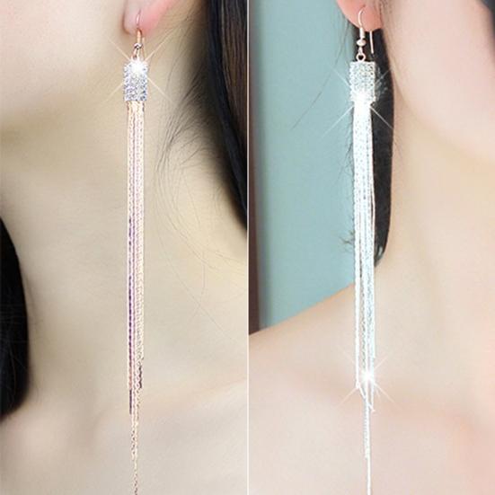 1 Pair Women Square Rhinestone Drop Earrings Long Tassels Chain Dangle Hook Earrings Jewelry