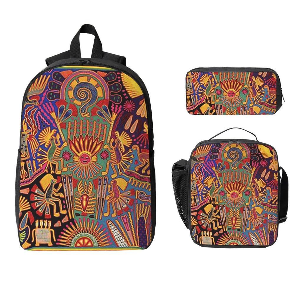 Huichol Mexican Heritage Backpack Student BookBag School Bag Shoulder Bags 3ps Insulated Lunch Bag Pencil Case
