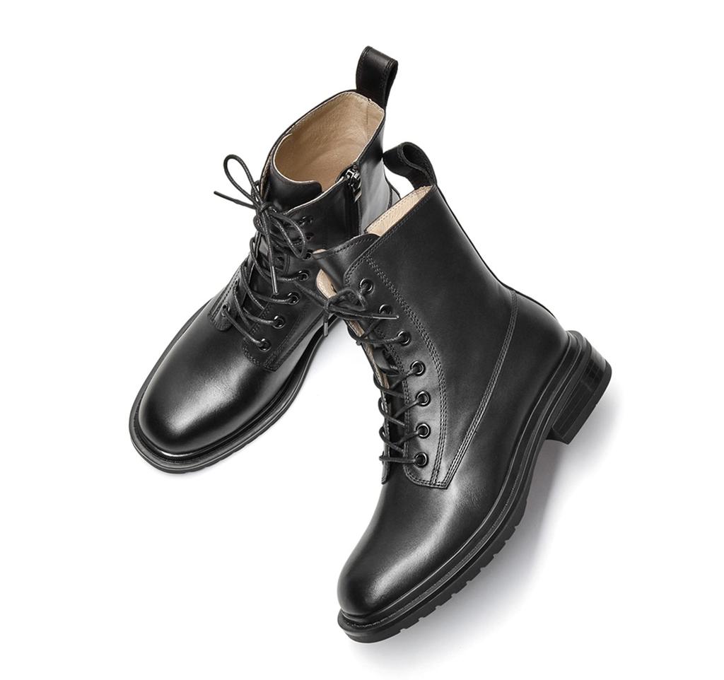 Genuine Side Low Short English [ZUYEE] Women's Lace-up Boots, Leather, Zip, Heel, Lace-up Boots, Boots, Style, Black, 24.0cm