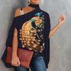 Halter Batwing Sleeve One Shoulder Women Top Black White Patchwork Ink Flower Print Fashion Blouse Female Clothing