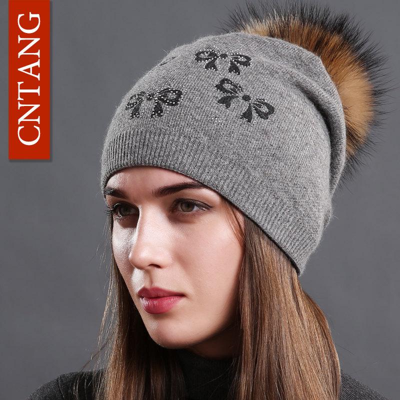 Multiple Styles Women Hat Fashion Pompom Raccoon Fur Cap Winter Knitted Wool Warm Hat Women Butterfly Casual Beanies