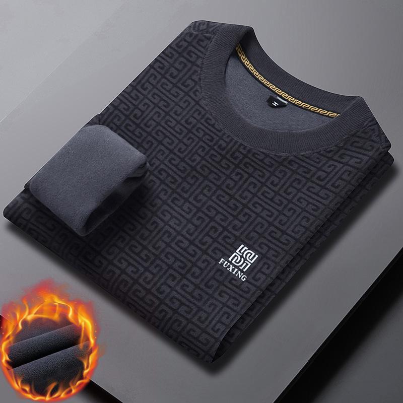 Douyin Winter Bestseller: Men s Velvet Thickened Hoodie Knitwear Round Neck Sweater 4XL