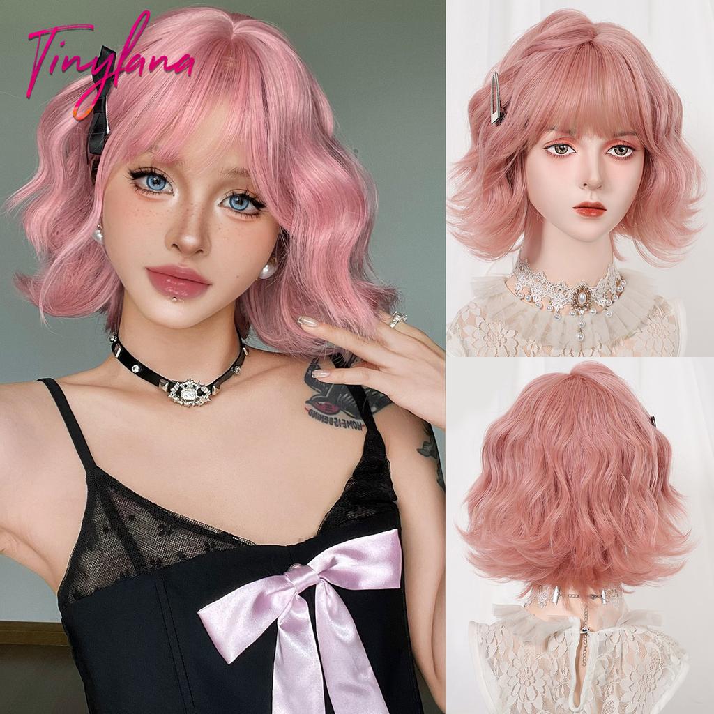 Pink Purple Mixed Blue Curly Wavy Synthetic Wigs with Bangs for Women Colorful Party Cosplay Natural Hair Wig Heat Resistant Use