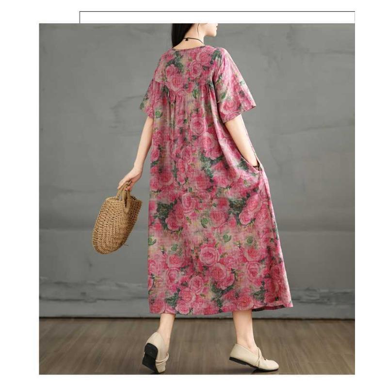 Retro Cotton and Linen Round Neck Short Sleeved Dress for Women, Loose A-line Skirt