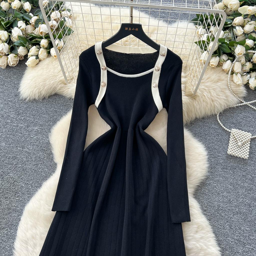 Autumn Winter Women Casual Square Collar Full Sleeve Knitted Sweater Pullover Dresses