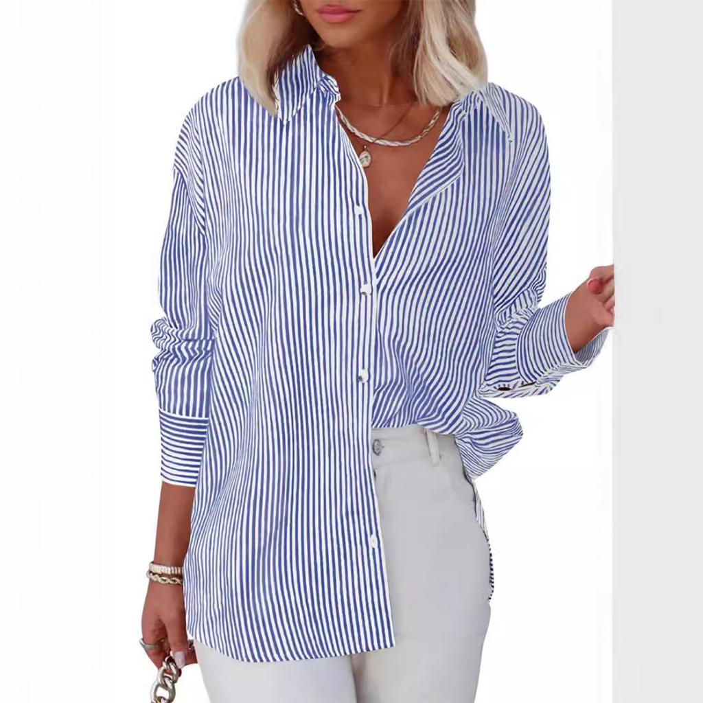 Women's Striped Button Down Shirt Long Sleeve Casual Loose Fit Office Blouse For Women