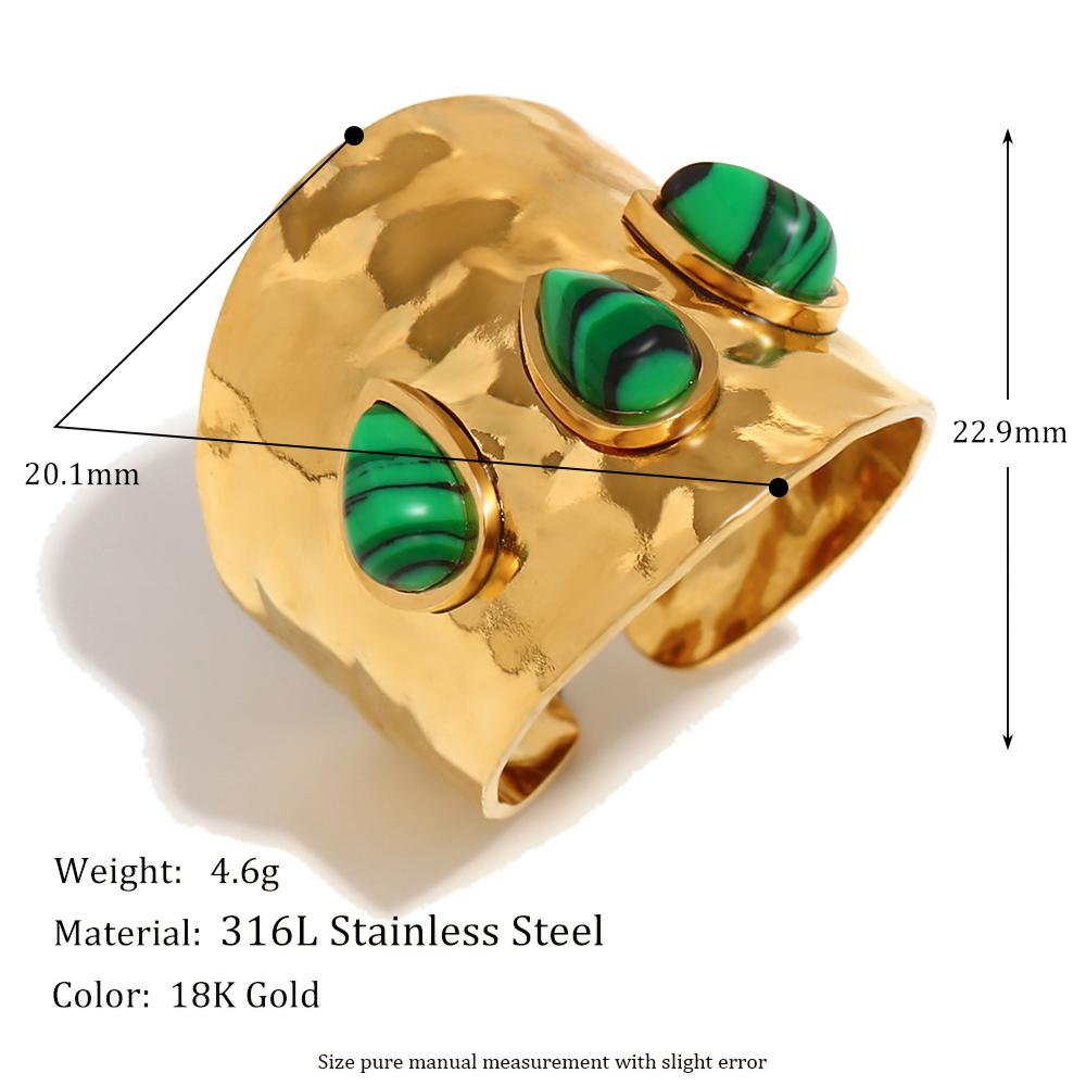 MamacitaSlay Unique 18K Gold Plated Stainless Steel Natural Stone Opening Ring Waterproof Jewelry Women's Retro Elegant Jewelry