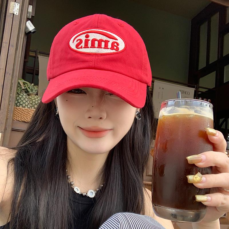 Hat Peaked Red Baseball Cap Amis Letter Pattern Soft Top Breathable Adjustable
