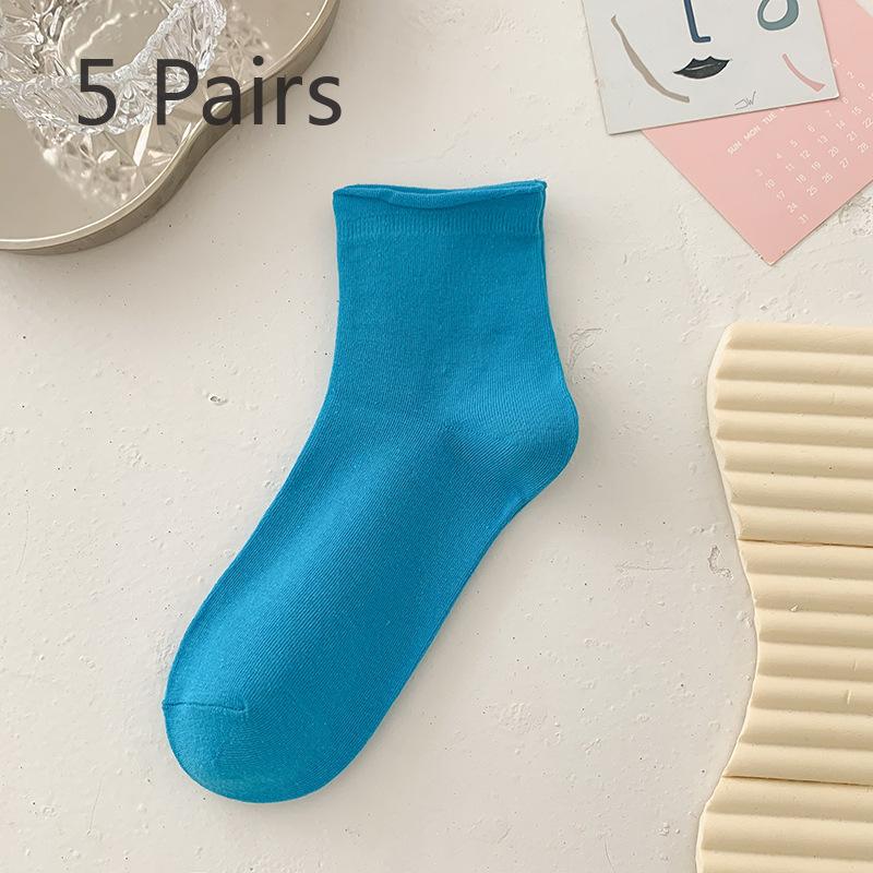 5 Pairs of Cute Candy Colored Rolled Up Mid Top Socks for Women In Summer