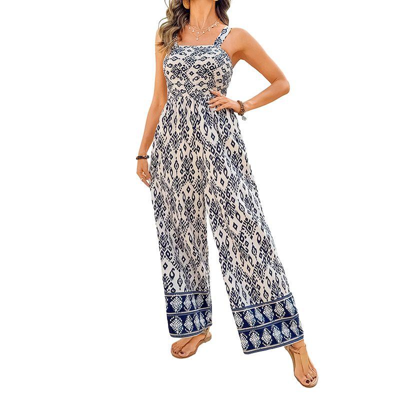 

American Shiying Summer New Arrival Geometric Printing Romper Women 2025 Retro High Waist Wide Leg Jumpsuit Women Dark blue S code fits (45.00 kg-55.00 kg