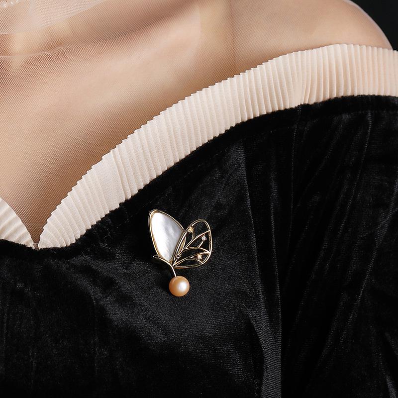 Elegant Butterfly Brooch with Freshwater Pearl and Natural Seashell Accents