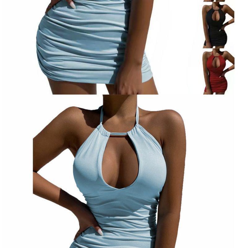Thai Lace-Up Halter Backless Pleated Bodycon Dress for Women