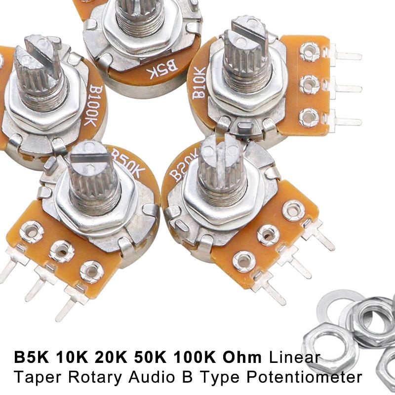 40PCS WH148 Potentiometer Kit 5K 10K 20K 50K 100K 15mm Linear Taper Rotary Potentiometer 3Pin With Rotary knobs and Nuts,Washers