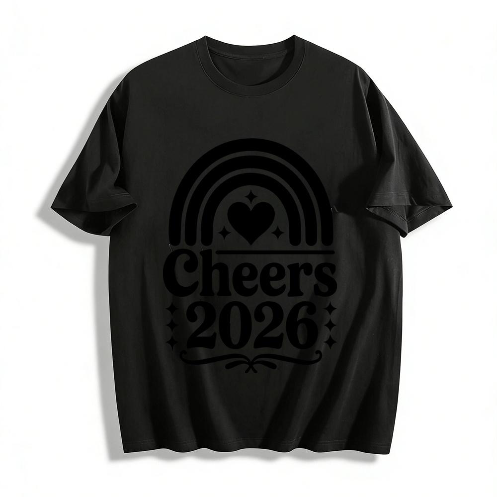 

Cheers 2026 Rainbow Heart Print Casual New Year Celebration Tee Pure cotton T-shirt 6XL