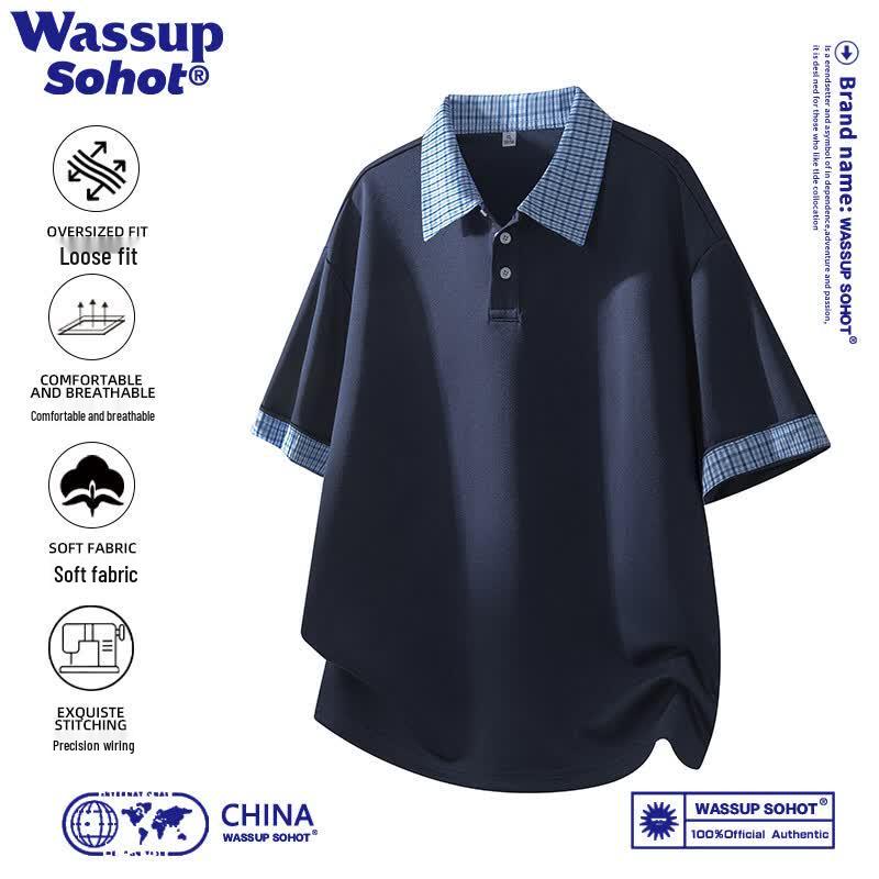 Wassup Sohot Men s Plaid Spliced Collar Polo T-Shirt XL