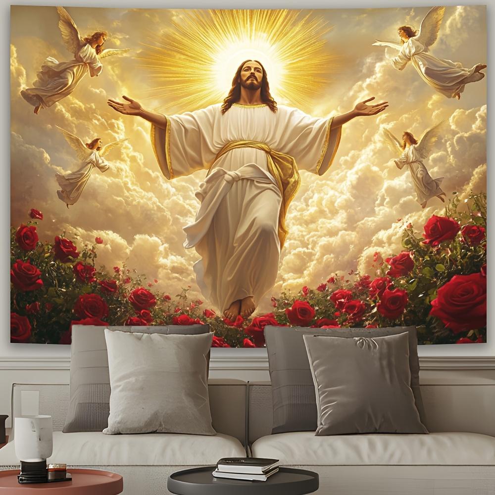Jesus Icon Tapestry with Gold-Ringed Angels and Rose Motif Living Room Sofa Backdrop Religious Theme Decor