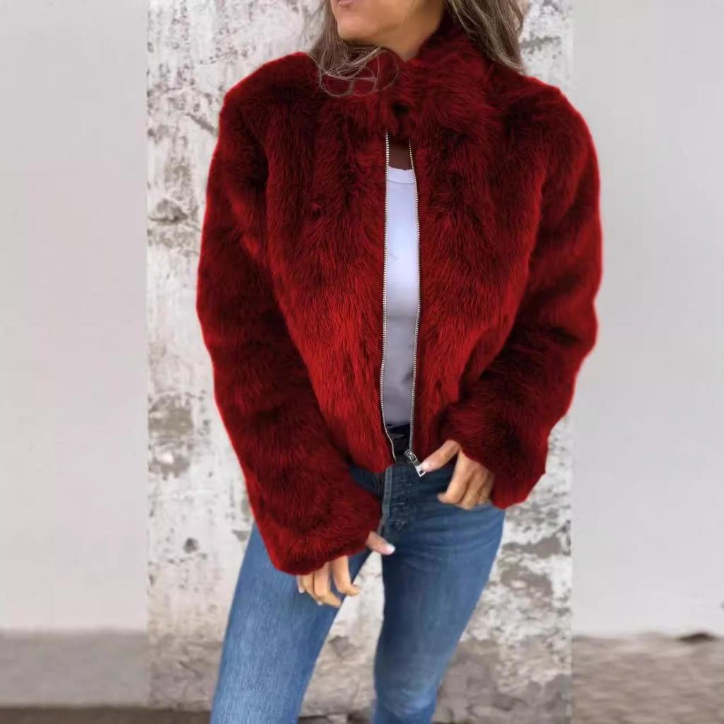 2024 Women's Faux Fur High Collar Zipper Casual Top Coat - New Autumn/Winter Fashion