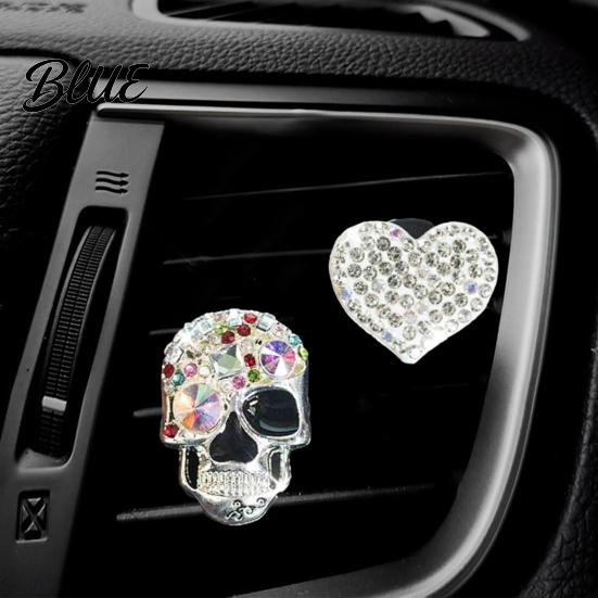 Totenkopf Herz Auto Dekoration 2 Stück Bling Lüftungsschlitz Clips Strass Glänzend Duft Diffusor Armaturenbrett Zierleiste Clip Lustiger Kopf Auto Innenraum Ornament Halloween