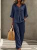 Women's Casual V-neck Ruffle Top & Pants Set with Seven-Sleeve Design
