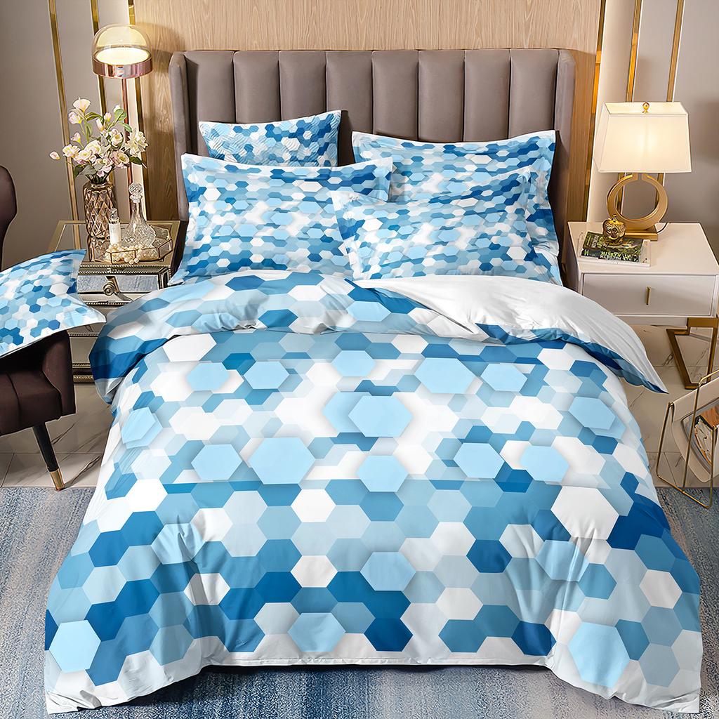 Abstraktes 3D-Druck-Bettwäscheset mit geometrischem Karomuster, vierteilig, dreiteilig