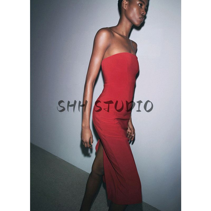 Spring and Summer New Women's Clothing Stitching Decorative Red Crepe Tube Top Tight Midi Skirt Dress 3641006