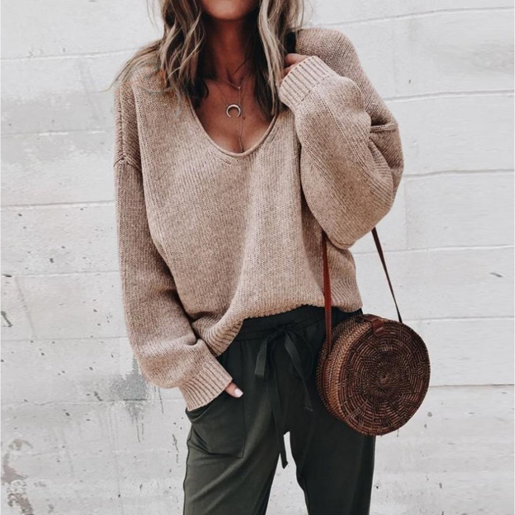 Ladies, Sweater, V-neck, Long Sleeved, Loose Fitting, Knitted Sweater, Base Coat, Top Coat
