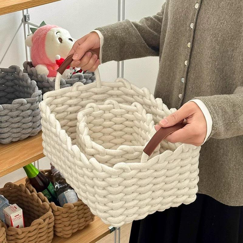 Handmade Cotton Rope Storage Basket Jewelry Storage Baskets Living Room Desktop Organize Box with Handle Bedroom Organizing Box