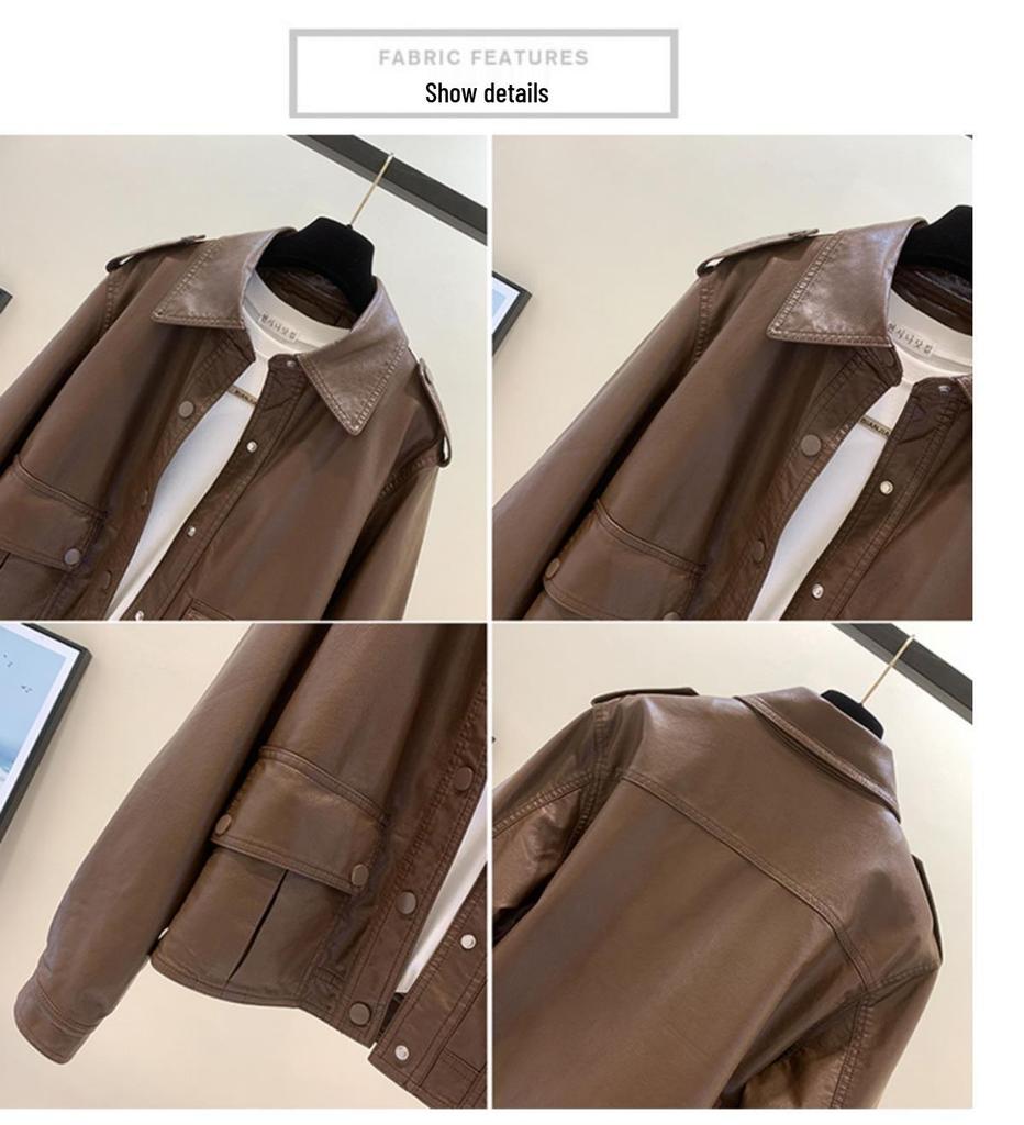 2025 Women's Plus Size Casual Leather Motorcycle Jacket with Turn-Down Collar