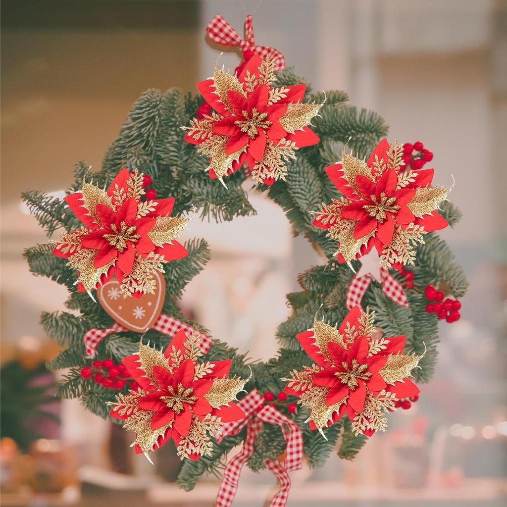 Artificial Flowers with Glittering Double Layer Layered Tree Decorations with Lush Green Foliage New Year Tree Toppers Reusable Holiday Decorat