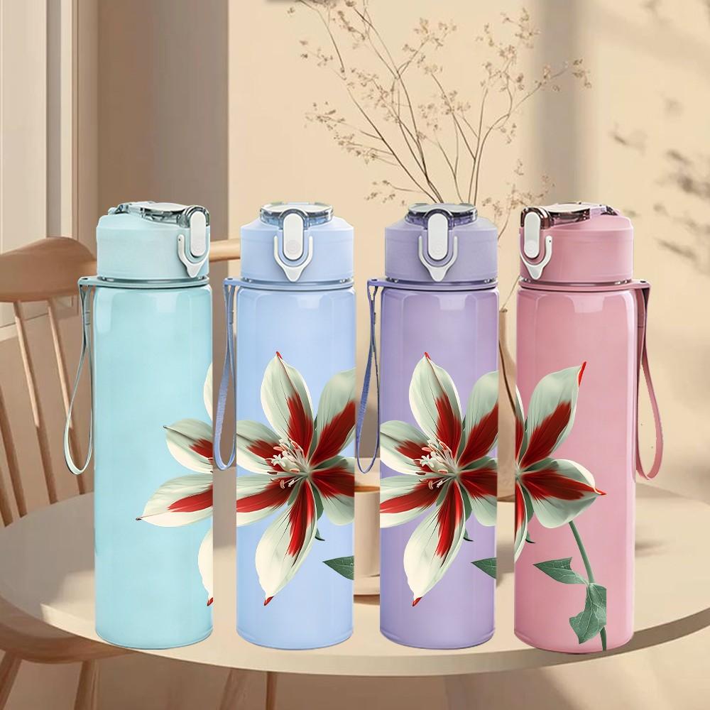 1PC Red White Lily Single Flower Print 750ml Color Plastic Sports Water Bottle Leakproof Flip Straw Lid Suitable for Sports Office Home Use