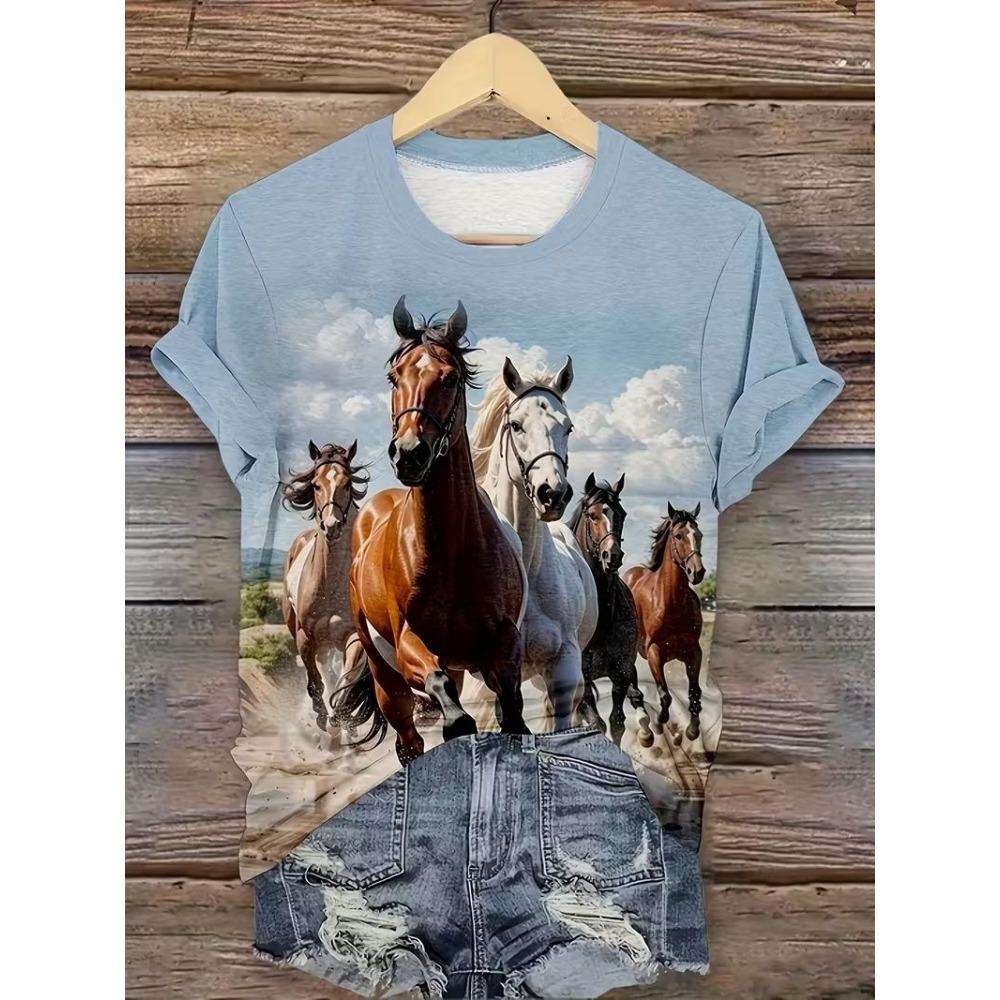 Summer New Horse Animal T-Shirts 3D Print Women's Round Neck Short Sleeve T Shirt Casual Tees Harajuku Tops Female Clothing
